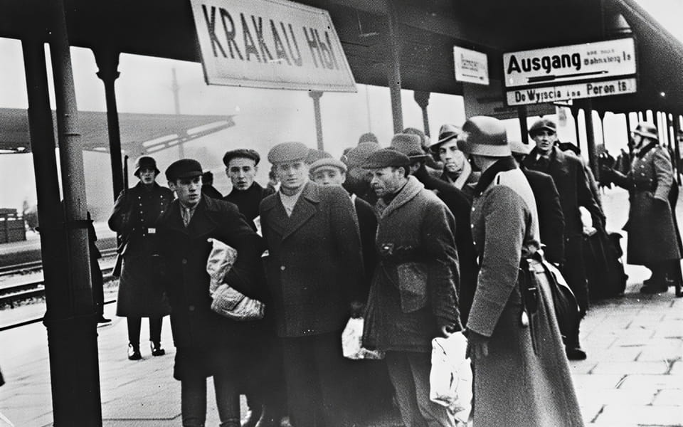 Jews assembled for deportation wait on the platform at Kraków railway station for further transport in 1941