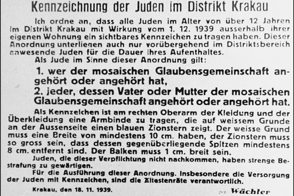 A decree for Jewish inhabitants of Kraków to wear armbands with the Star of David, November 18, 1939