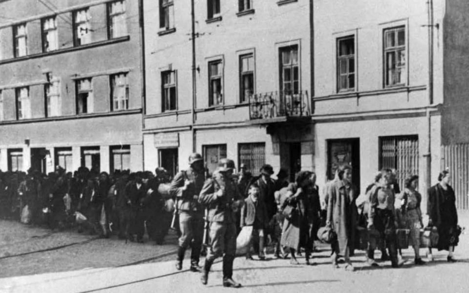 Jews being driven along Lwowska Street to the Plaszow camp,1943.