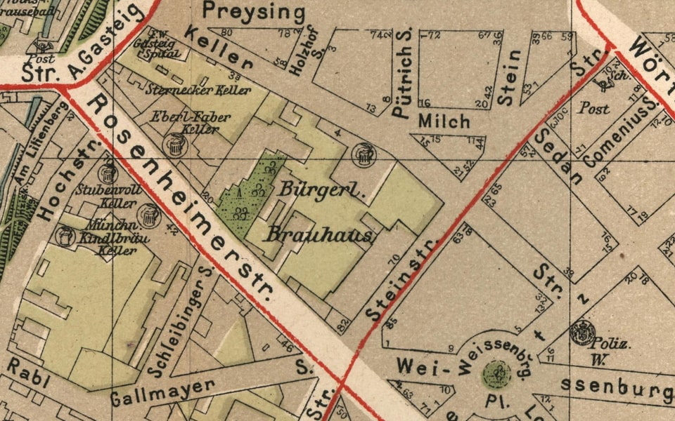 Burgerbraukeller on the map of Munich