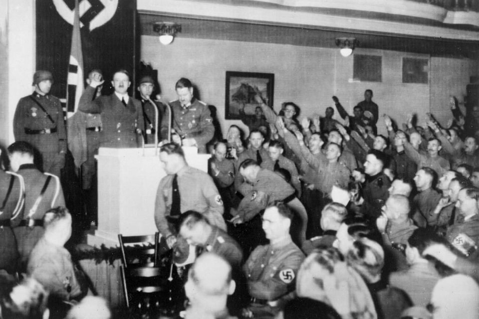 The Second World War 1939-1945. Hitler addressing his comrades in the Burgerbrau beer hall in Munich. Shortly after he left the hall a bomb exploded