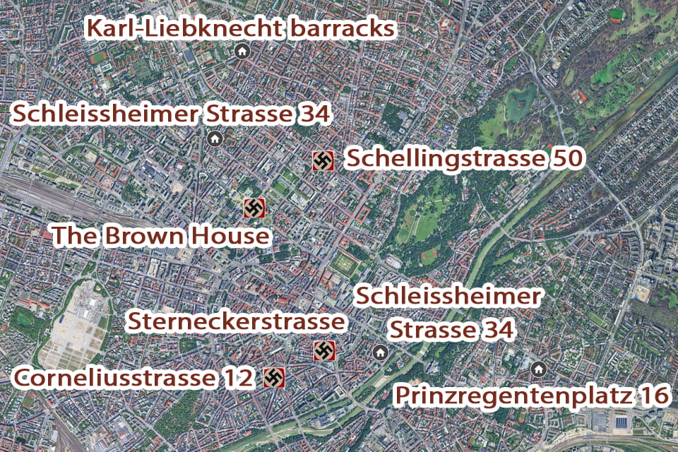 A map of every Hitler's houses in Munich and the four Nazi headquarters in the city
