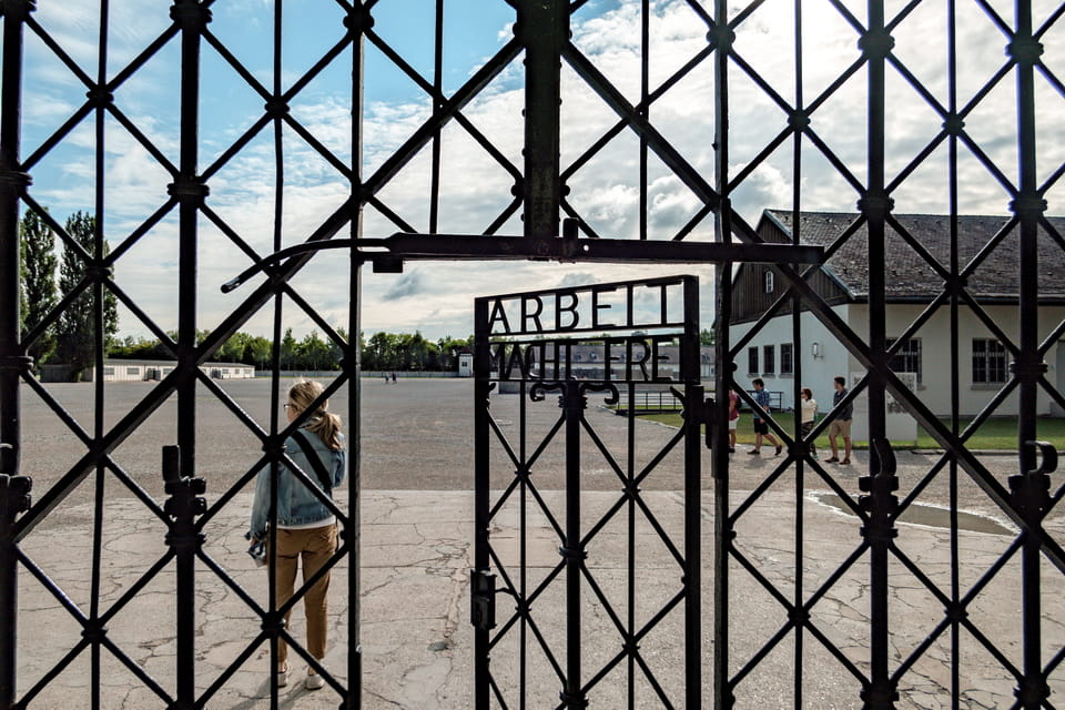 Dachau camp today and the infamous Arbeit Macht Frei inscription on its main gate