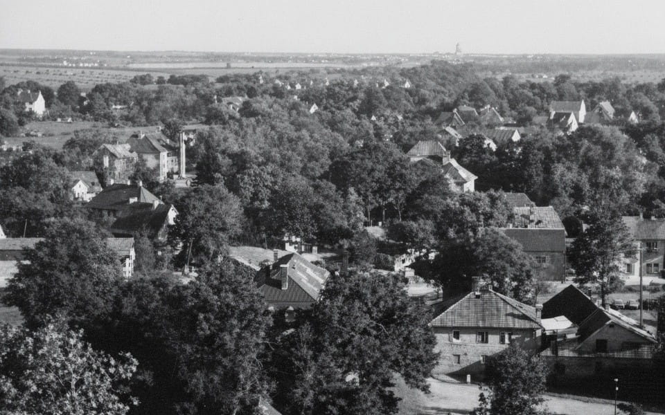 Panorama of the city of Dachau photographed in 1945 after liberation — rooftops and civilian town north-west of Munich