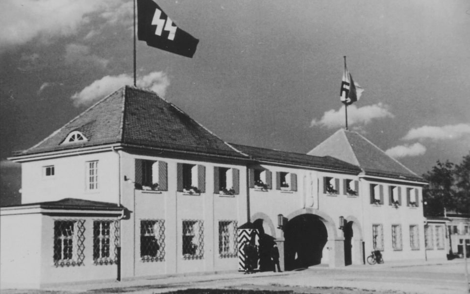 SS Main Guardhouse at Dachau — German propaganda photograph taken around 1939 at the western entrance to the SS zone, Theodor-Eicke-Platz