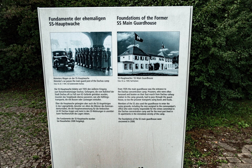 Informational board at the excavated SS Guardhouse foundations in Dachau today — foundations unearthed in 2008, personal photo August 2018