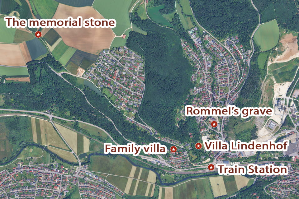 Map of locations in Herrlingen related to Filed Marschal Erwin Rommel