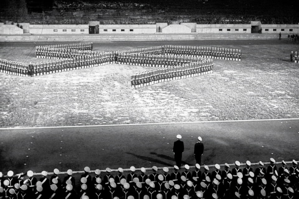 Demonstration at the Foro Mussolini; Italian Navy units form a swastika on the stadium's lawn.
