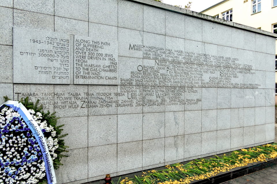 Inscription on the Umschlagplatz Monument Warsaw: names carved in Hebrew and Polish — each name representing thousands of Holocaust victims