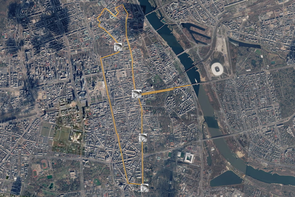 Hitler's motorcade route across Warsaw on October 5, 1939. All locations then and now