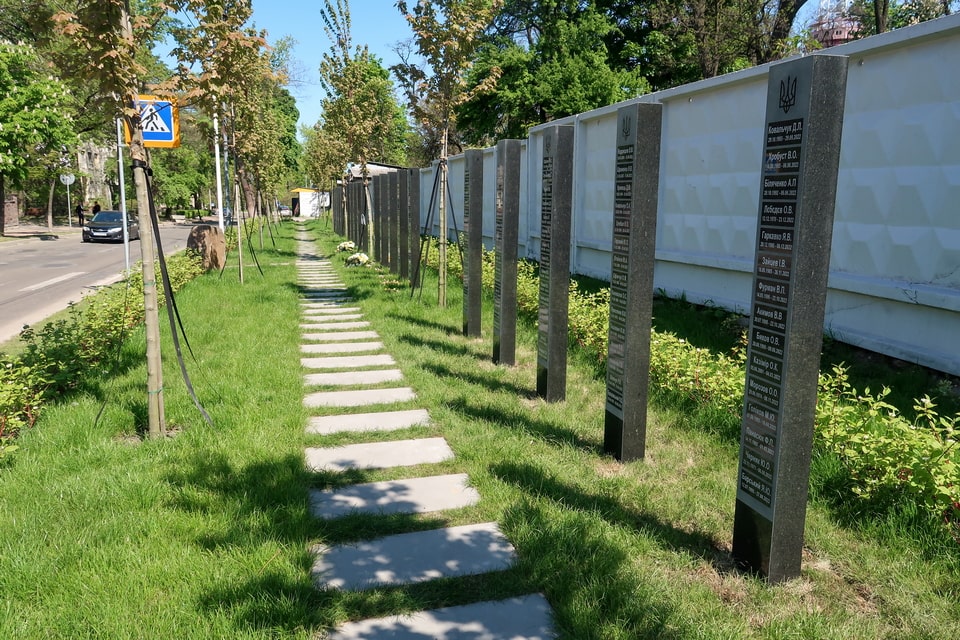 Alley of Memory at Lukyanivske Orthodox Cemetery for Ukrainian defenders killed since Russia's 2022 invasion — unveiled at the cemetery walls in October 2022, Kyiv