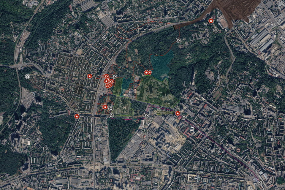 Map of the 7 Babyn Yar vicinity sites walking route in Kyiv: Road of Death, Jewish Cemetery, Orthodox Cemetery, Anti-Tank Ditch, Syrets Camp sign, Pavlov Clinic, Death Match memorial