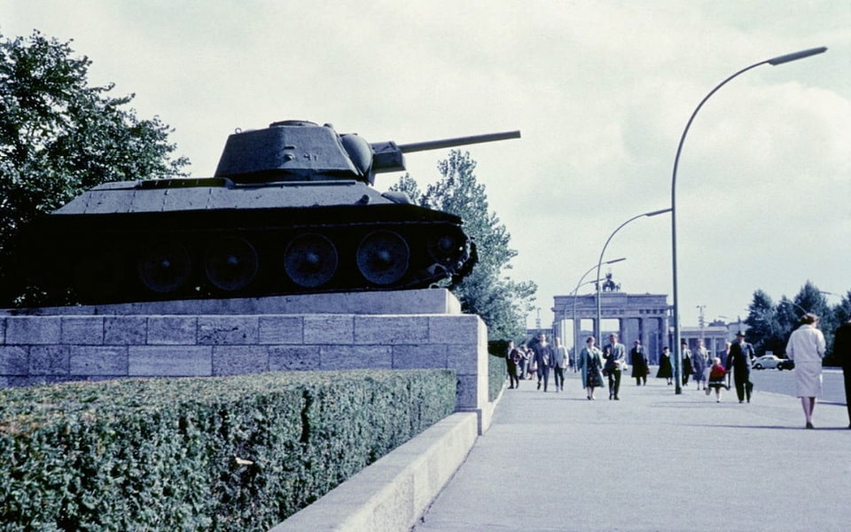 This color photograph with the T-34 tank and the Brandenburg gate