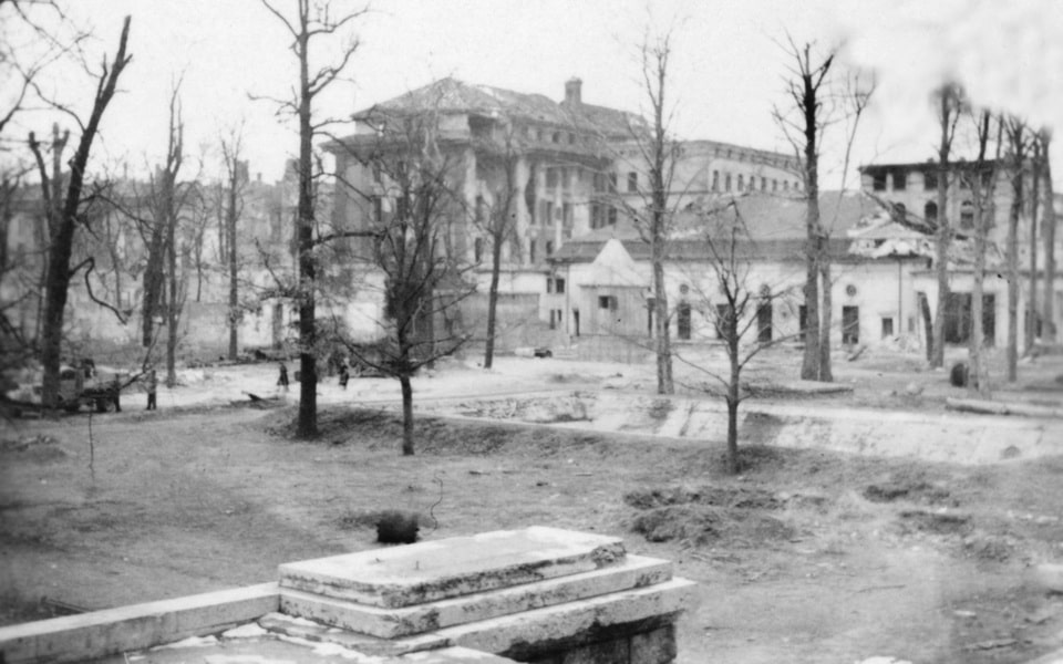 Buildings along Tiergarten's edge damaged during the Battle of Berlin, May 1945 — near the site of future Soviet War Memorial