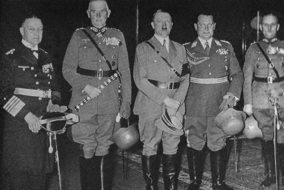 RRaeder, Blomberg, Hitler, Göring, Rundstedt at Hitler's 47th birthday parade, April 20, 1936