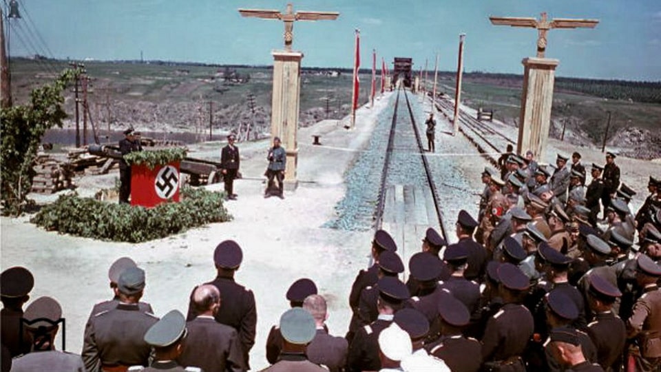 German occupation troops at the opening of the bridge over the Dnieper in Zaporizhzhia