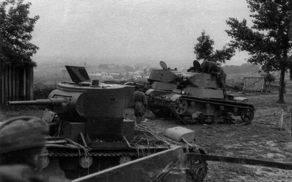 Burned-out Soviet tanks on Kyivska Street, Rivne (Rowno), autumn 1941 — the city became capital of Reichskommissariat Ukraine and seat of Gauleiter Erich Koch