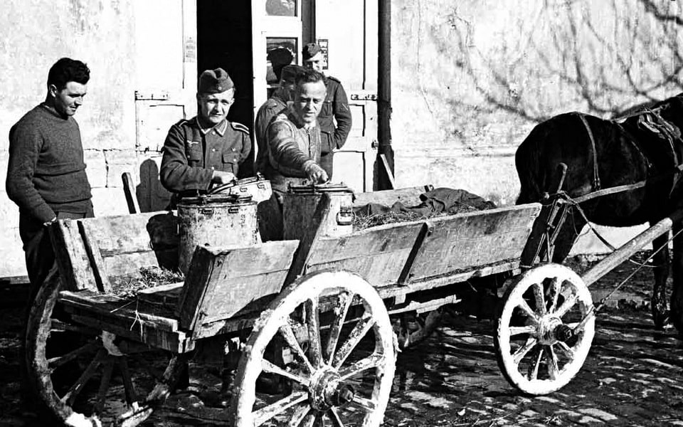 A horse and cart delivers «Essenbehälter» (food containers) to Wehrmacht soldiers on the Eastern Front — horse-drawn transport was the primary logistics method for German forces in the USSR, 1941–1944