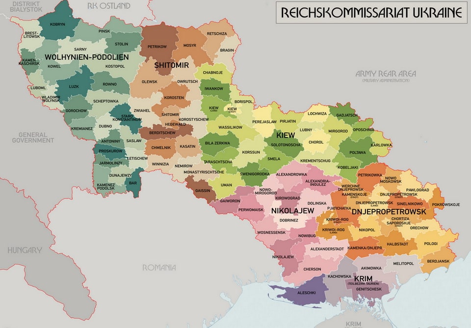 Administrative map of Reichskommissariat Ukraine, 1942 — 339,258 km² under Nazi civil administration, capital Rivne (Rowno), Generalkommissariats marked
