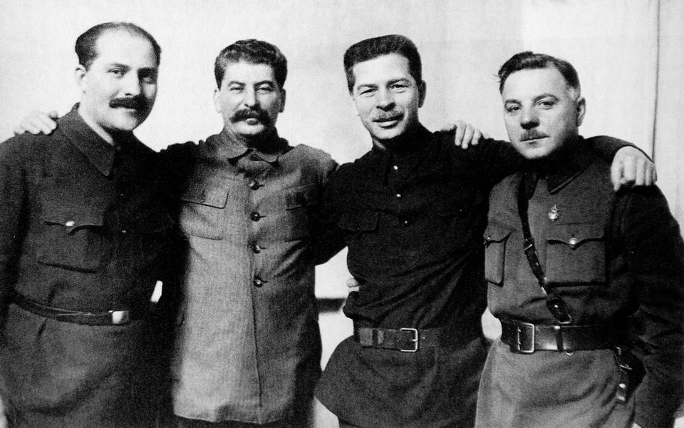 Kaganovich, Stalin, Postyshev and Voroshilov in 1934 — Soviet leaders responsible for Great Terror and Holodomor in Ukraine