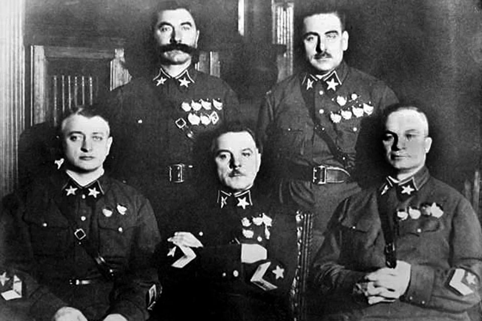 Marshal Tukhachevsky and Red Army commanders, 1935 — three of five were shot in Stalin's military purge by 1938