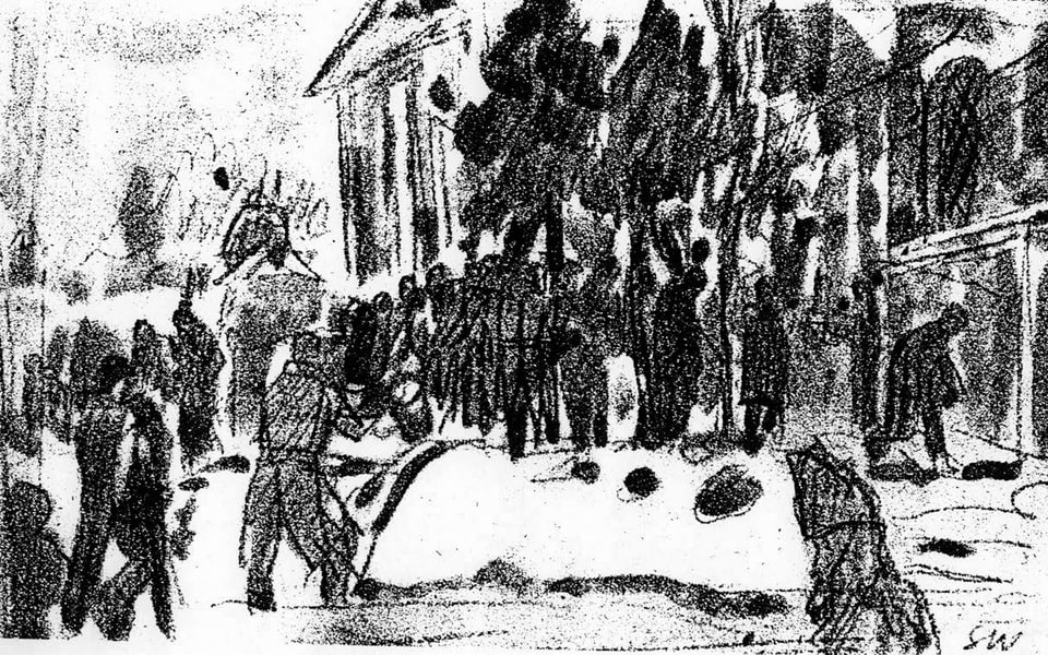 The queue for water, a drawing of a prisoner from Kozelsk camp, Stanislaw Westfalewicz