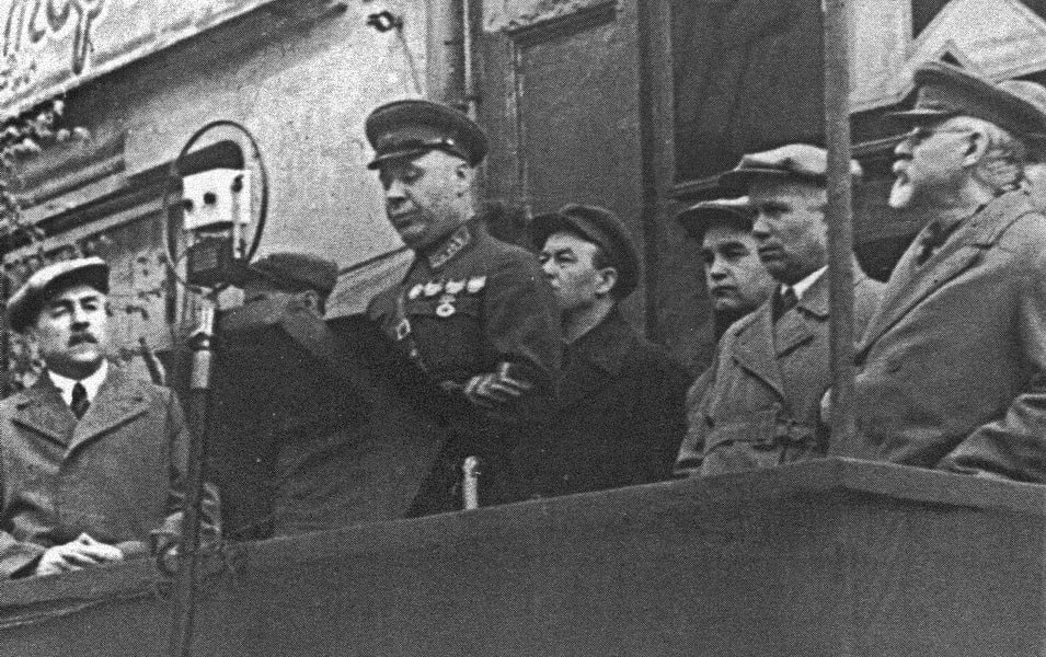 May Day parade in Kyiv 1938 — Marshal Timoshenko at microphone, during height of Stalin's Great Terror in Ukraine