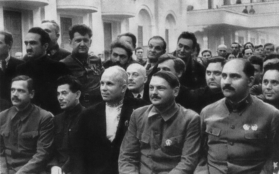 Soviet delegates at 1936 Congress approving new USSR Constitution — Yezhov, Khrushchev, Kaganovich (future Great Terror architects) front row