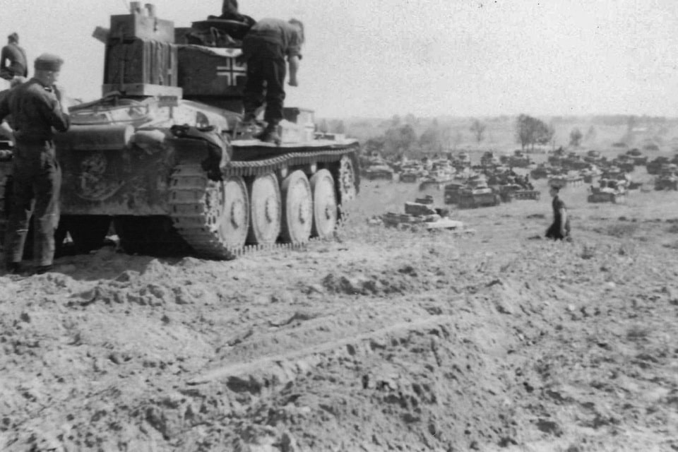 Accumulation of German armored vehicles in Belarus. Beginning of the war, June 1941. In the foreground is a Czech-made light tank LT vz.38