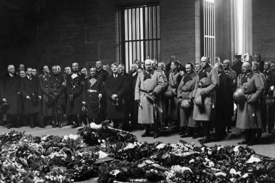 Adolf Hitler and President Paul von Hindenburg at the cenotaph on Unter den Linden, Berlin, Heldengedenktag (Heroes’ Remembrance Day), 25 February 1934