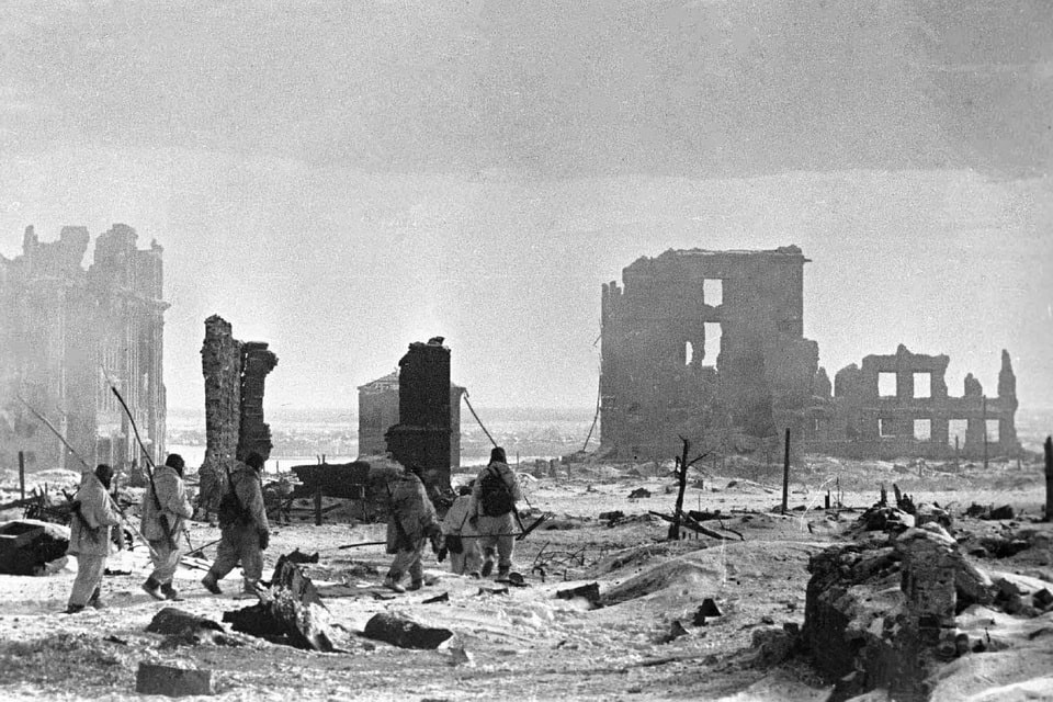 This final picture from within the city of Stalingrad shows a group of Red Army soldiers moving through the ghostly ruins of the city on 2 February 1943