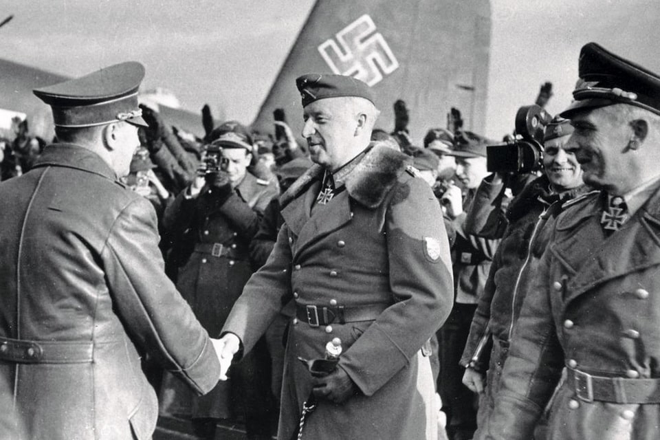 Hitler in Zaporozhye. He is met at the airfield by Army Group Commander Don E. von Manstein. February 17-19, 1943