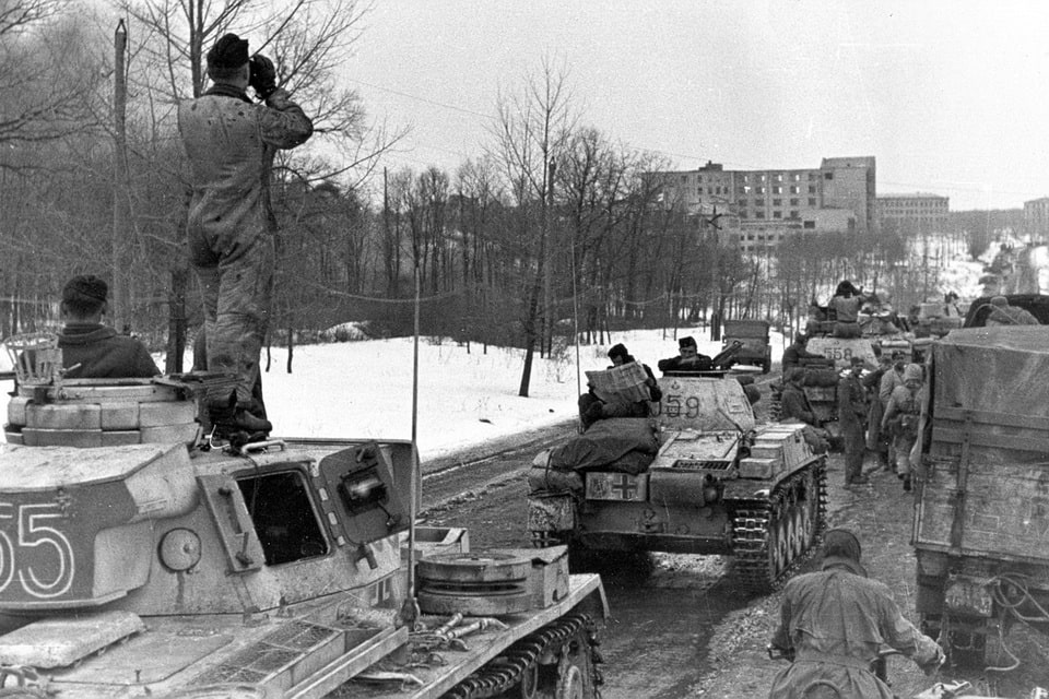 A column of tanks from the SS Panzergrenadier Division “Leibstandarte SS Adolf Hitler” near Kharkov. The third battle for Kharkov. March 1943