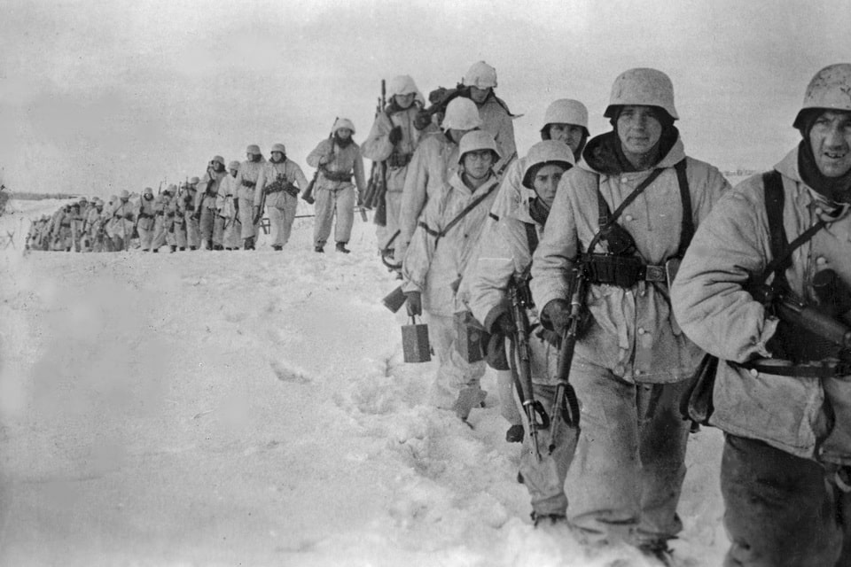 A German infantry unit on the march in the snowy steppe in Ukraine. December 1943