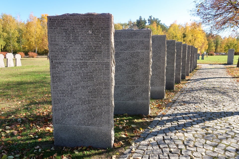 German WW2 military cemetery at Vita-Poshtova near Kyiv — rows of basalt cross grave markers, Volksbund Deutsche Kriegsgräberfürsorge, personal photo 2022