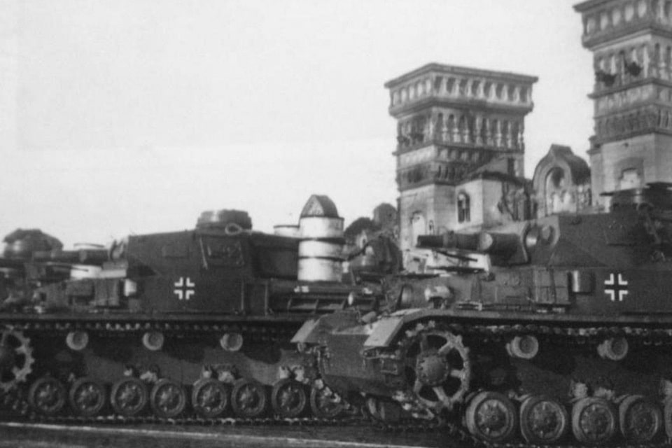 German Wehrmacht tanks in front of the damaged railway station in Dnipropetrovsk, 1941 — the station was severely damaged during the August-September 1941 battle for the city