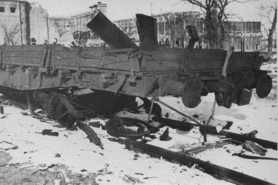 A wrecked railway wagon next to the destructed factory in Dnipropetrovsk