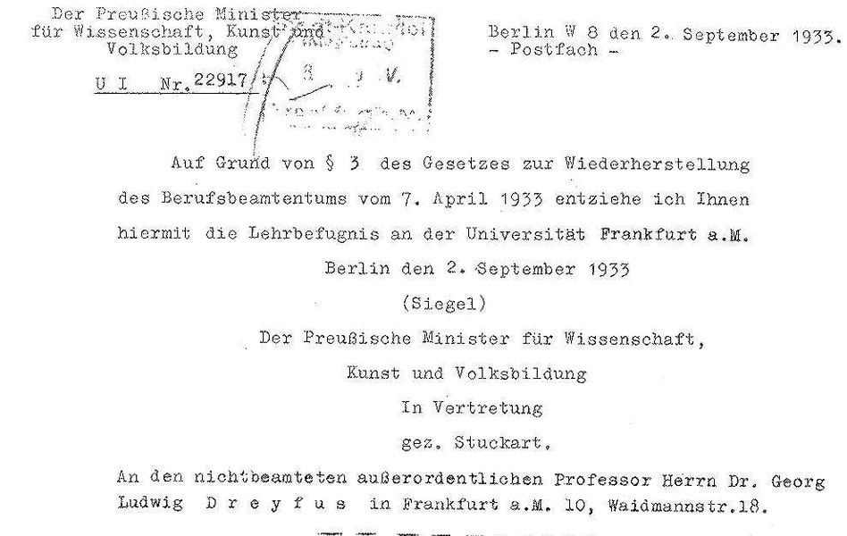 Withdrawal of the license to teach for Georg Ludwig Dreyfus, letter from the Prussian Minister for Science, Art and Public Education dated September 2, 1933