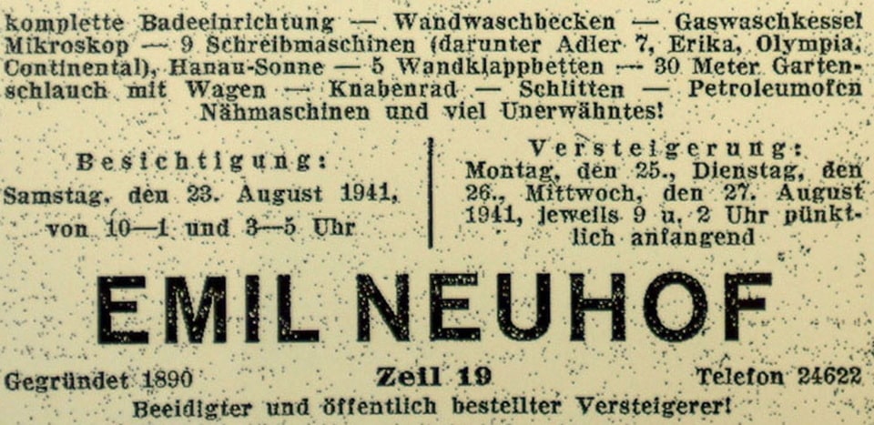 Newspaper advertisement for an auction without any direct reference to the Jewish origins of the household goods