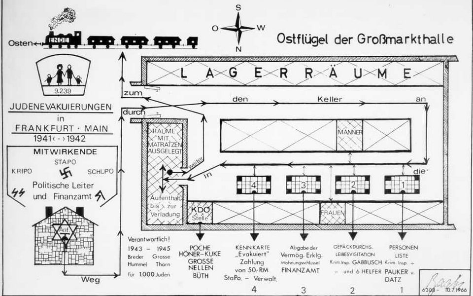 Deportation schedule sketch for the Grossmarkthalle Frankfurt, drawn in 1966 by Heinrich Baab, former head of the Frankfurt Gestapo's Jewish Department