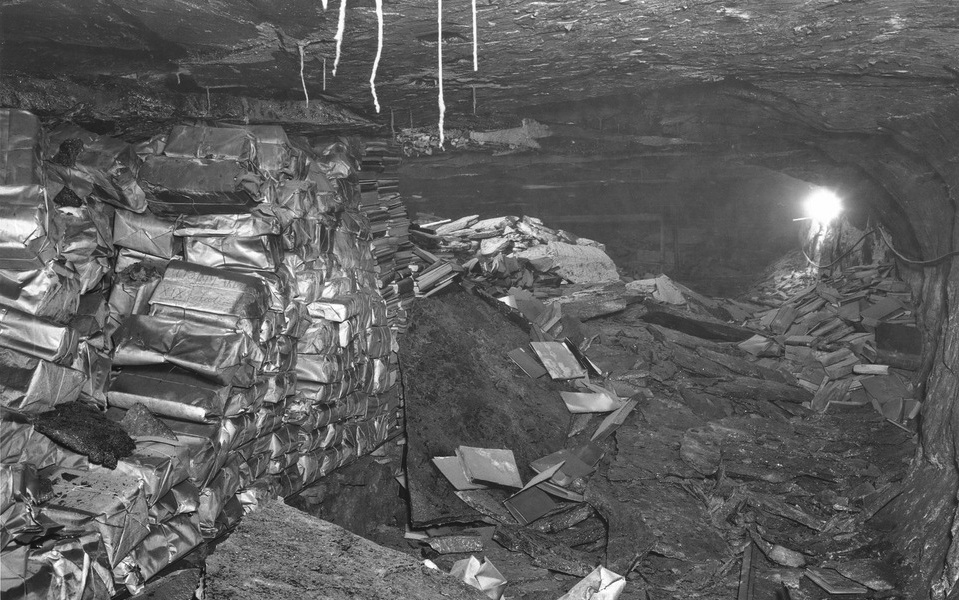 Wrapped packages of looted Jewish books are stacked in the cellar of the Institute for Research into the Jewish Question in Frankfurt am Main.