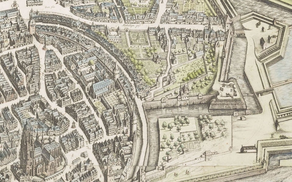 City map of Frankfurt am Main, 1682 — Judengasse (Jewish ghetto established 1462) and the Old Jewish Cemetery in the eastern part of the city