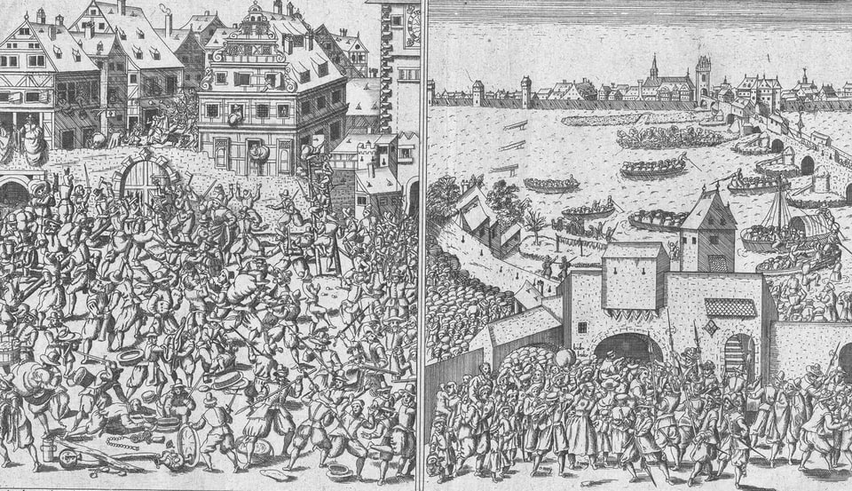 Two paintings depicting the 1614 anti-Jewish pogrom in Frankfurt — the Fettmilch Uprising resulted in mass violence, looting and expulsion of the Jewish community