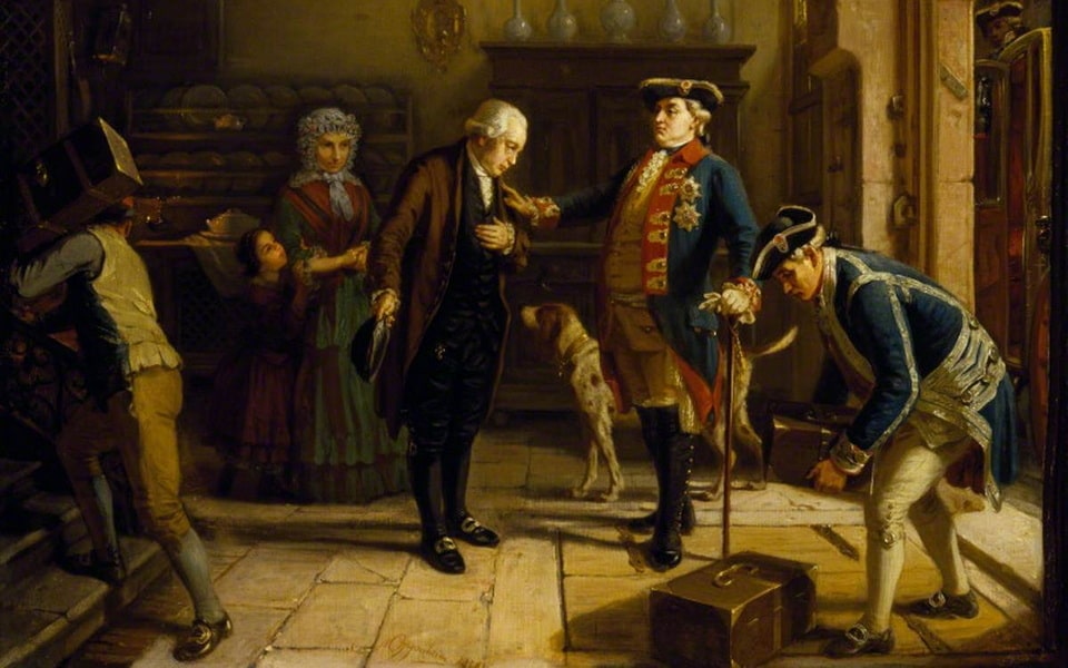 Painting depicting the Elector of Hesse entrusting Mayer Amschel Rothschild (1744–1812) with his treasure — founder of the Rothschild banking dynasty, buried at the Old Jewish Cemetery Frankfurt