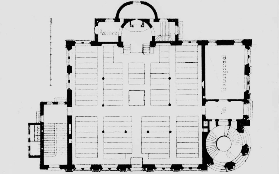Floor plan of the Borneplatz Horovitz Synagogue Frankfurt — built 1882, burned during Kristallnacht night of November 9, 1938