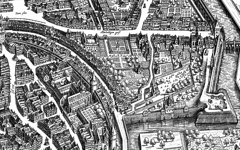 Map of Frankfurt 1628 showing the Old Jewish Cemetery Battonnstraße near the city wall — the cemetery dates from 1272 and contains 6,500 burials