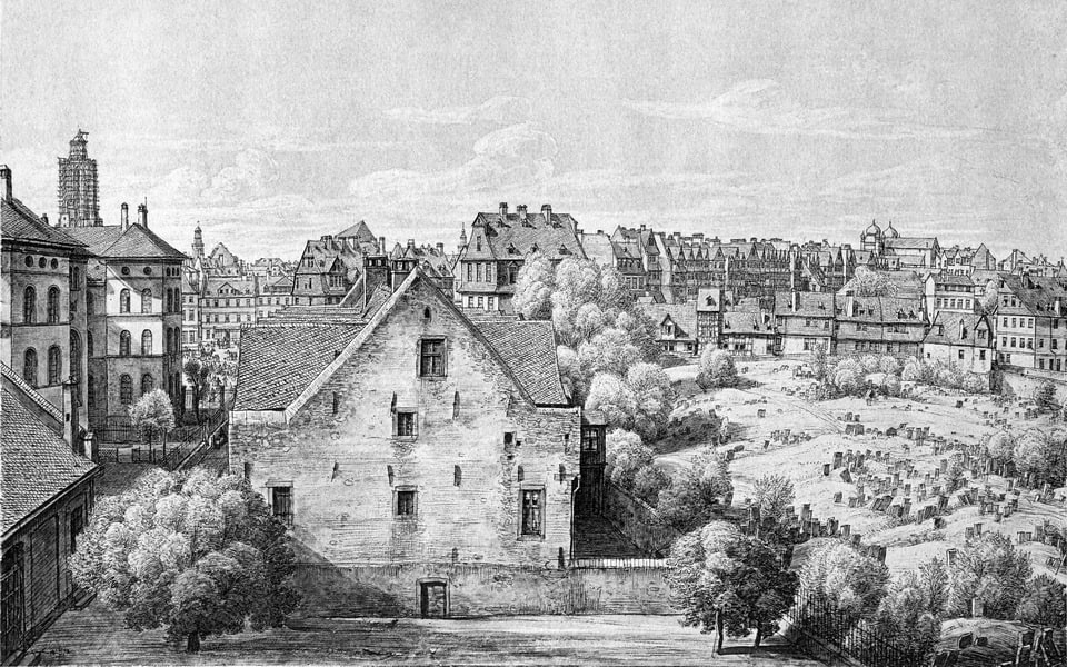 1872 (view to the west) the cemetery on the right. On the left edge of the picture is the Israelite Health Insurance Hospital.