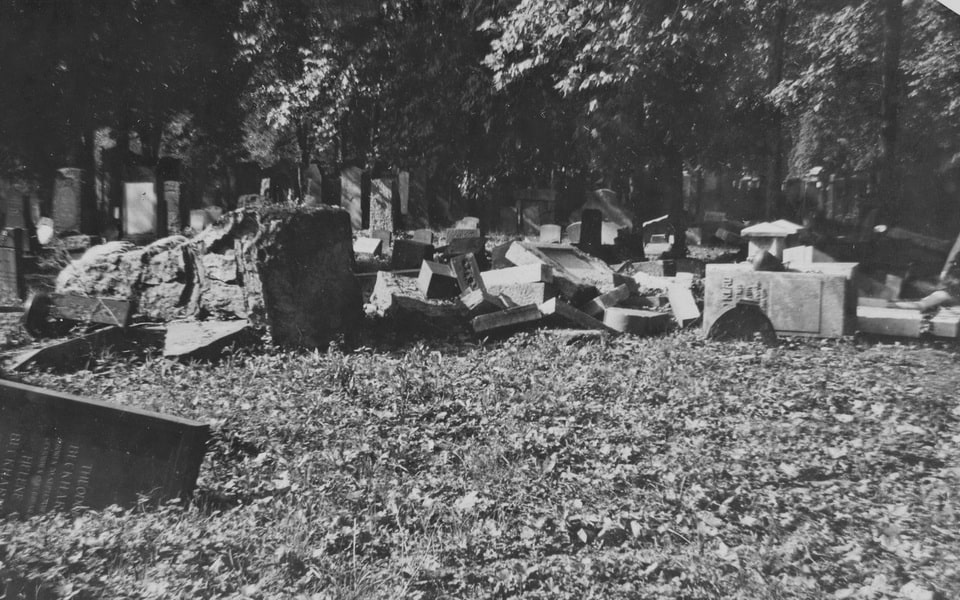 View of the desecrated Jewish cemetery in Frankfurt. 1945-1947