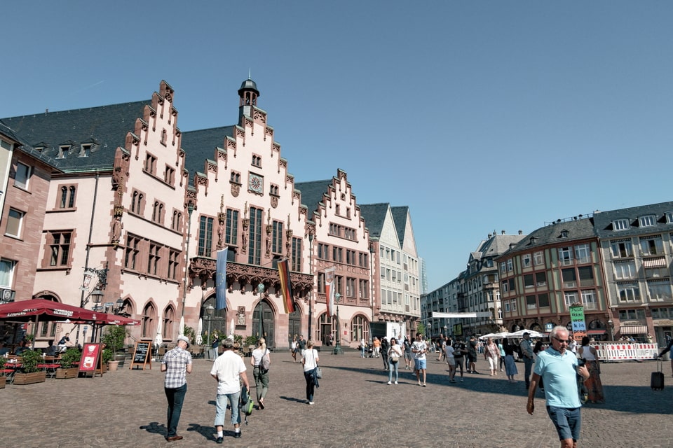 Römer Square (Römerberg) in Frankfurt am Main — the historic heart of the city photographed during the author's 2018 visit, where book burnings took place in 1933