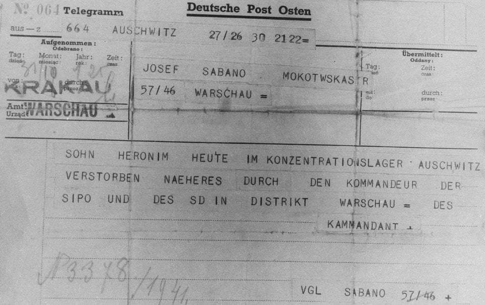 telegram informing Jozef Sabala of death of his son, Hieronim Sabala, in Auschwitz. Sabala was arrested on May 8, 1941, imprisoned in the Pawiak prison in Warsaw, and subsequently deported to his death in Auschwitz_